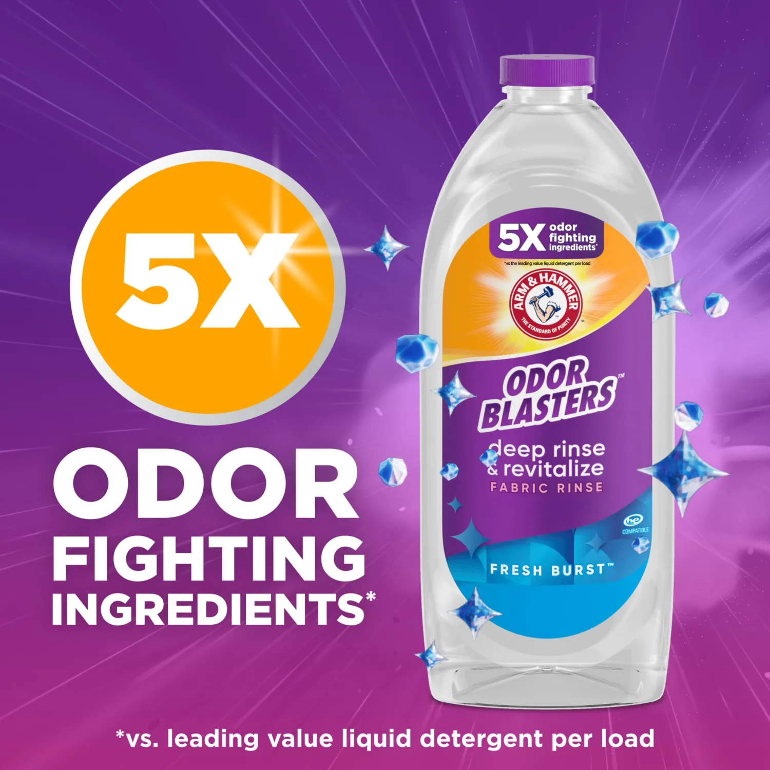 ARM & HAMMER Odor Blasters Deep Rinse and Revitalize Fabric Rinse, Laundry Additive, Eliminates Sweat and Musty Odors, Fresh Burst Scent, 50 fl oz