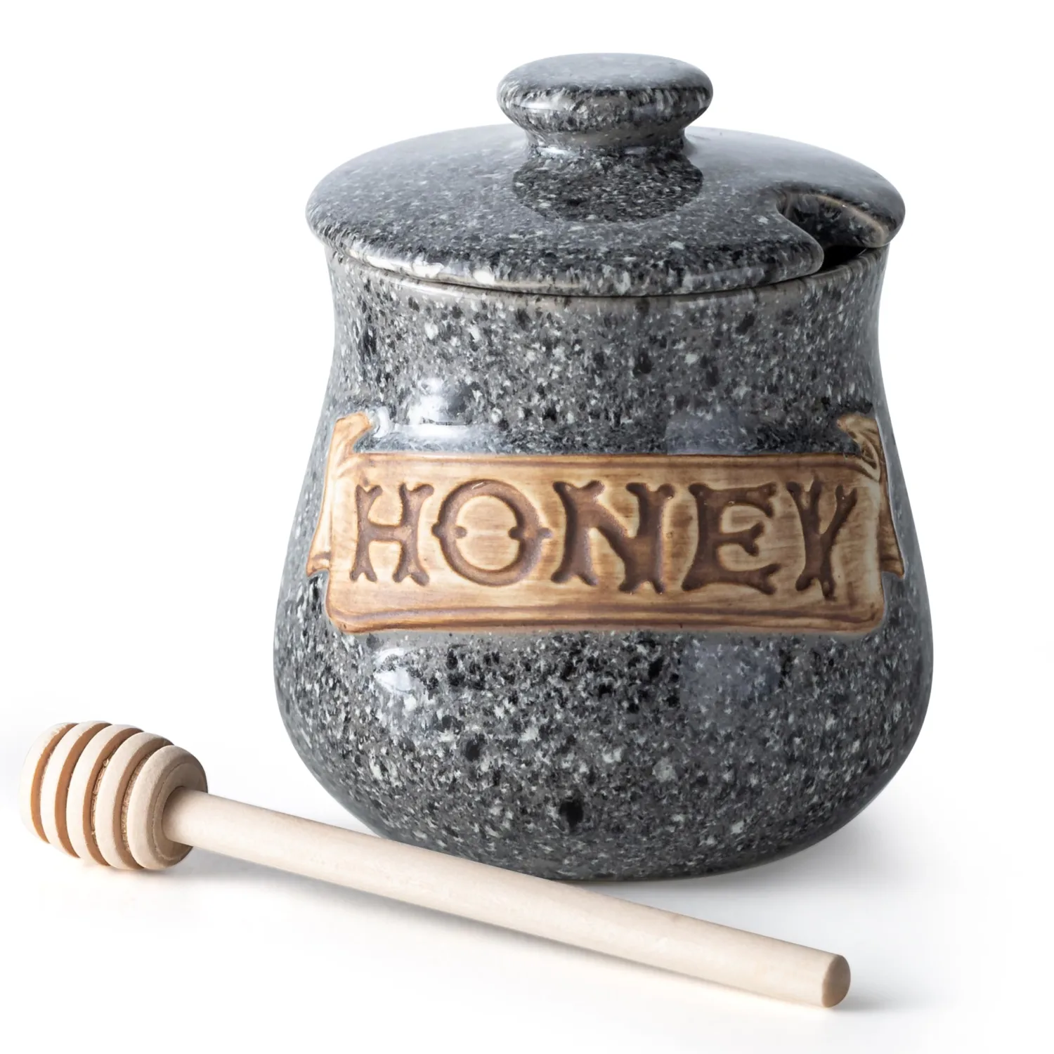 Honey Jar, Honey Pot, Honey Dispenser 12oz Grey Ceramic Honey Jar with Wood Dipper & Lid – Multi-Use for Fruit Syrup/Jam, Kitchens & Coffee Bars, Grey