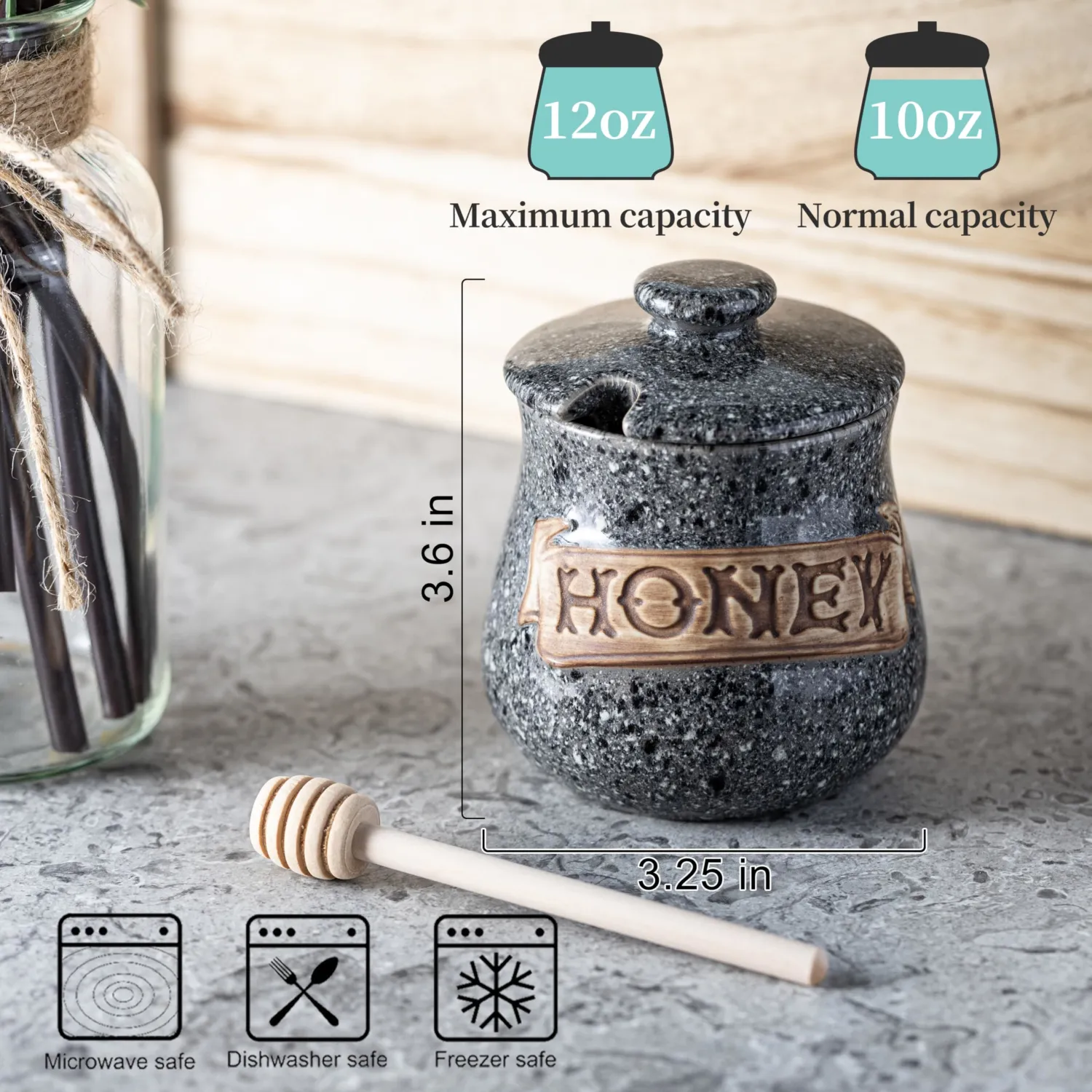 Honey Jar, Honey Pot, Honey Dispenser 12oz Grey Ceramic Honey Jar with Wood Dipper & Lid – Multi-Use for Fruit Syrup/Jam, Kitchens & Coffee Bars, Grey