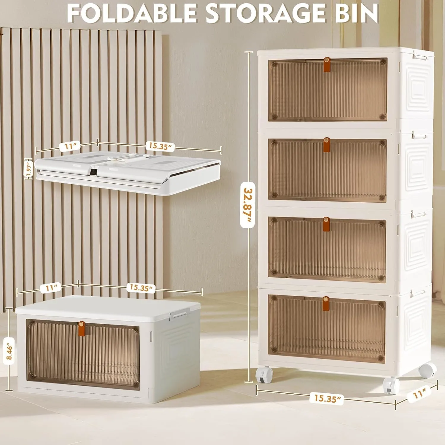 4 Tier Plastic Storage Bins with Lid 24QT, Stackable Storage Containers with Wheels, Folding Storage Boxes, Collapsible Storage Bins, Closet Organizers and Storage for Living Room,Office,Dorm