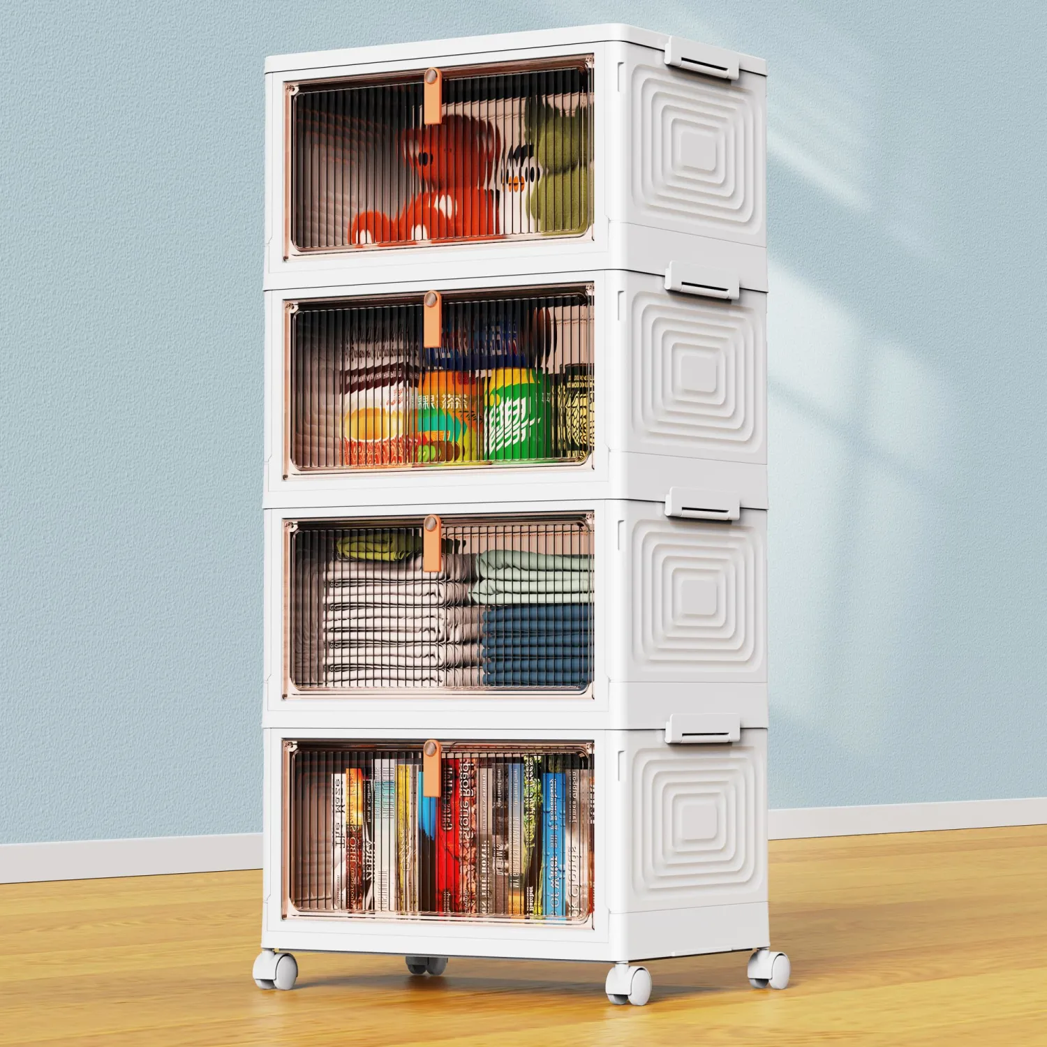 4 Tier Plastic Storage Bins with Lid 24QT, Stackable Storage Containers with Wheels, Folding Storage Boxes, Collapsible Storage Bins, Closet Organizers and Storage for Living Room,Office,Dorm