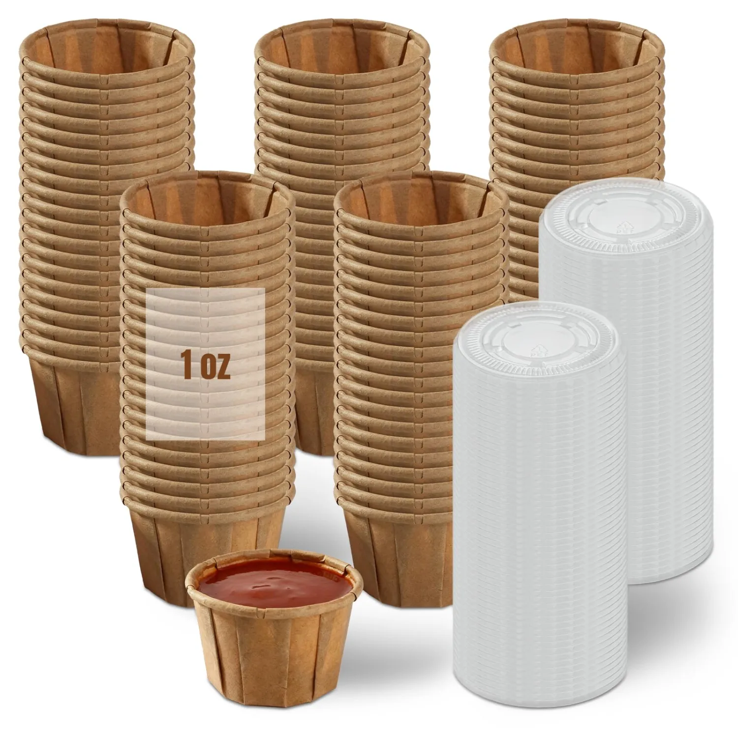100 Pcs Paper Portion Cups with Lids, 1 Oz Paper Souffle Cups, Disposable Sauce Cup for Condiments, Medication, Pills, Desserts, Samples and Sauce (Natural Unbleached)
