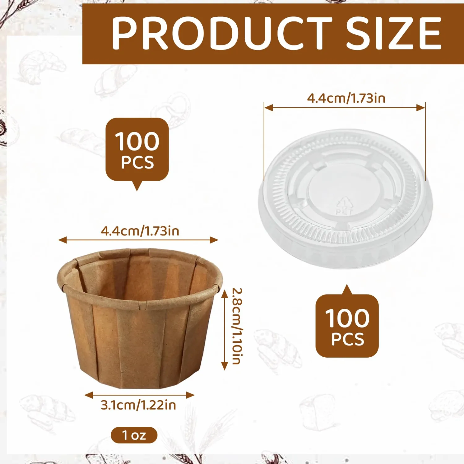 100 Pcs Paper Portion Cups with Lids, 1 Oz Paper Souffle Cups, Disposable Sauce Cup for Condiments, Medication, Pills, Desserts, Samples and Sauce (Natural Unbleached)