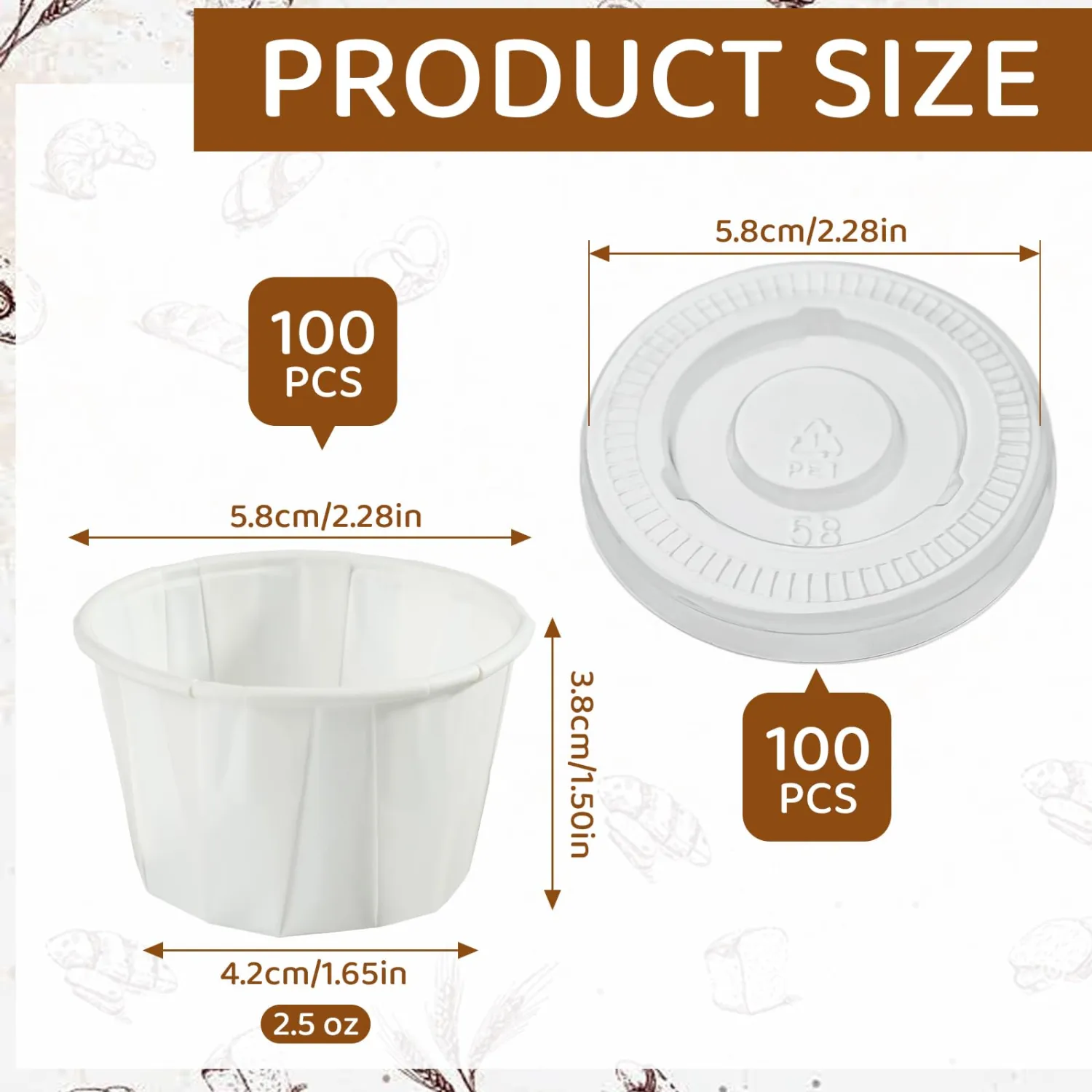 Disposable Sauce Cups 2.5oz,100 Count, Disposable Paper Condiment Cups with Lids, Ketchup Cups for Medication, Pills, Desserts, Samples and Sauce (White)