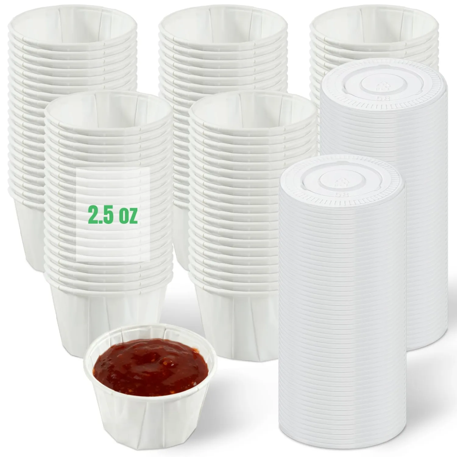 Disposable Sauce Cups 2.5oz,100 Count, Disposable Paper Condiment Cups with Lids, Ketchup Cups for Medication, Pills, Desserts, Samples and Sauce (White)
