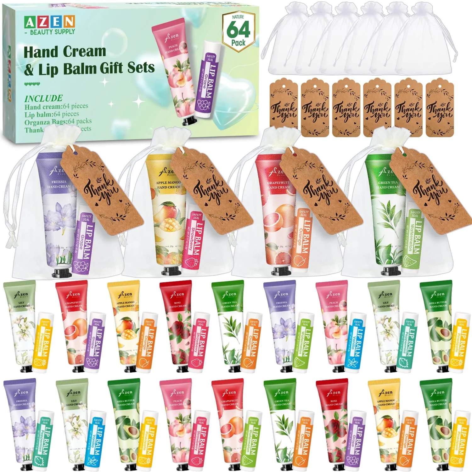 AZEN 64 Sets Bulk Gifts, Hand Cream and Lip Balm Bulk Set with Organza Bag Thank You Card, Baby Shower Wedding Gifts for Guests, Bridal Wedding Favors, Valentines Gift for Women
