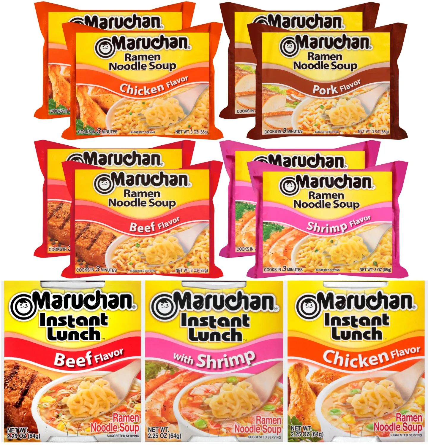 Maruchan Fan Favorites Ramen Variety Pack (11 Count) – Chicken, Beef, Pork, Shrimp Flavors – Quick & Convenient Meals for Home, Dorms & On-the-go