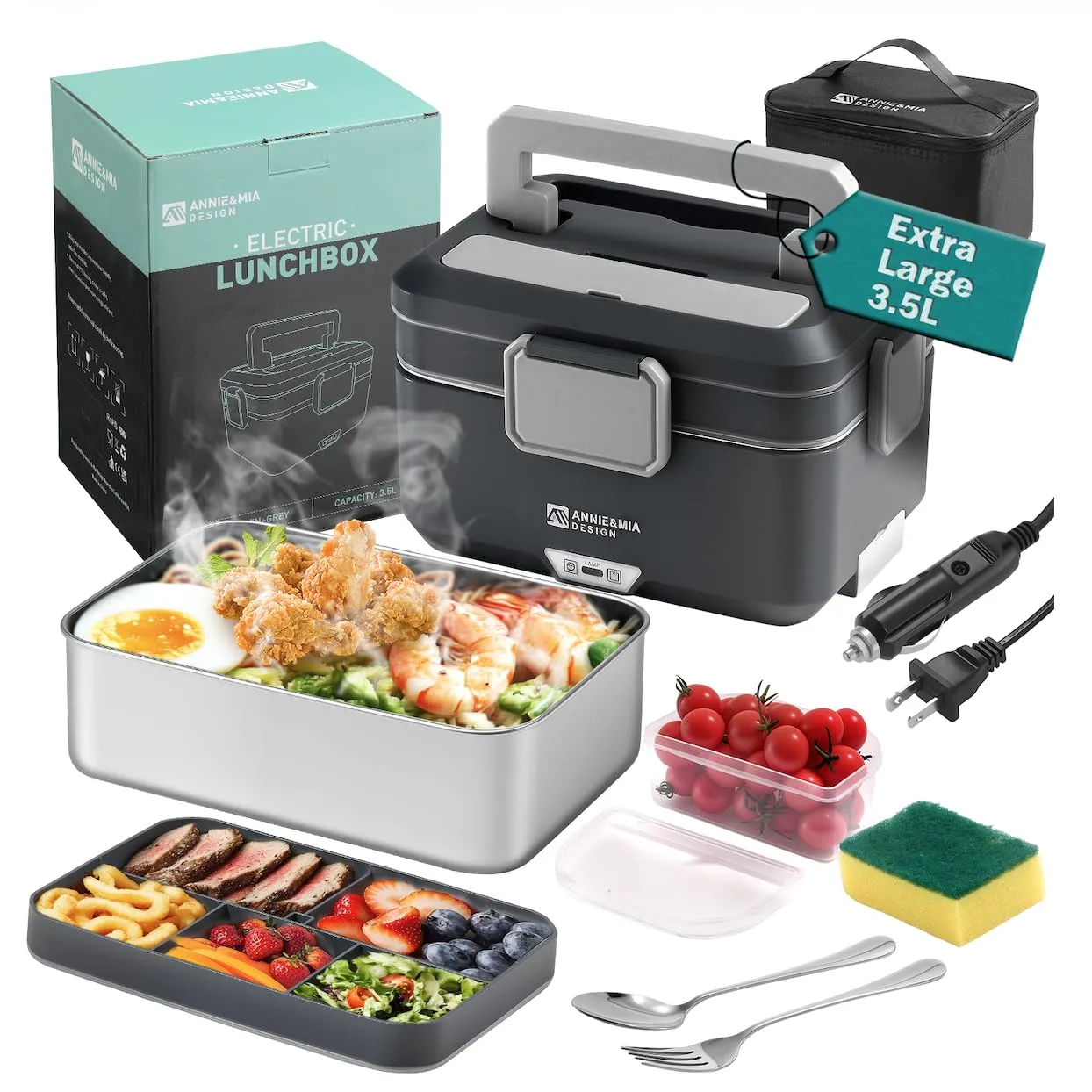 Annie & Mia Design Electric Lunch Box for Adults, 100w 3.5L 2-Layer Portable Food Warmer, Dual Mode 2.5L + 1L Heated Lunch Box for Adults, Home/Car/Office/Truck Use, Lonchera Eléctrica Portátil
