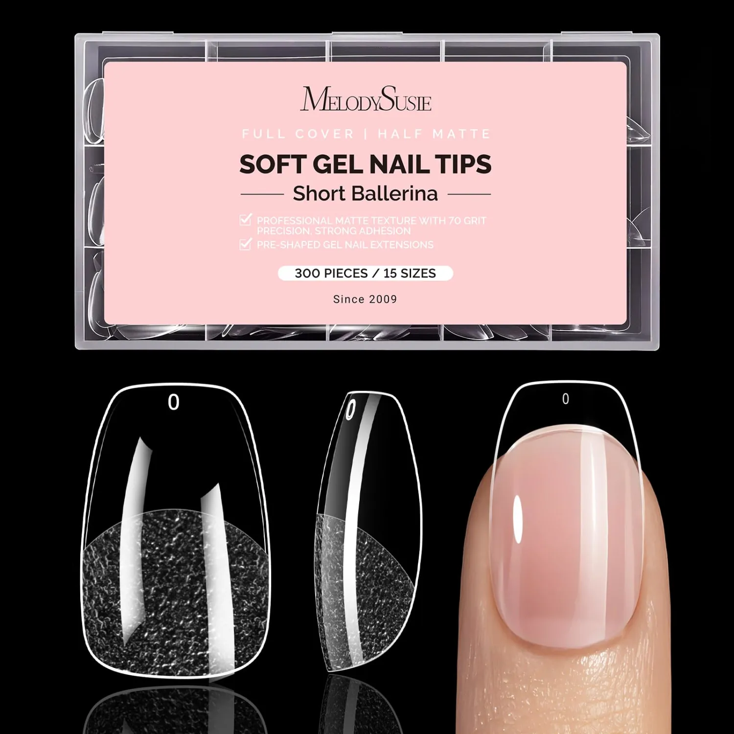 MelodySusie Short Ballerina X Nail Tips - 300Pcs 15 Sizes Clear Acrylic, Half Matte Full Cover Press on Nails for DIY Extension & Salon Use,Pre-Shaped for Long-Lasting Manicure