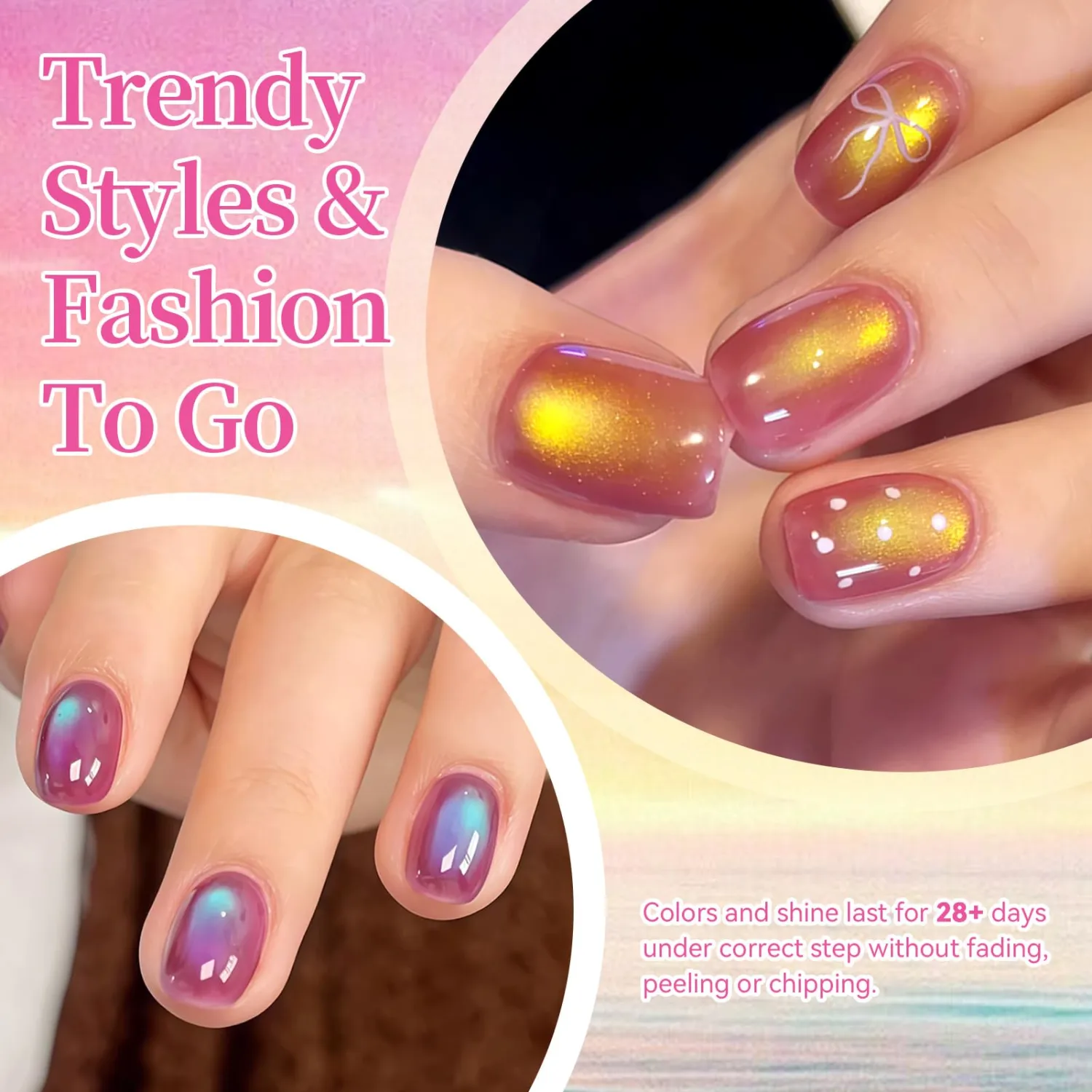 Born Pretty Spring Cat Magnetic Eye Gel Polish Set,6 Colors Pink Green Purple Crystal Jelly Shimmer Holographic Spring Summer HEMA & TPO Free Gel Nail Polish Kit with Magnet,DIY Manicure at Home
