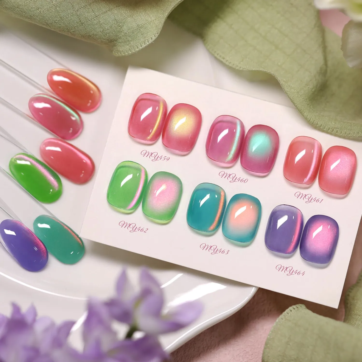 Born Pretty Spring Cat Magnetic Eye Gel Polish Set,6 Colors Pink Green Purple Crystal Jelly Shimmer Holographic Spring Summer HEMA & TPO Free Gel Nail Polish Kit with Magnet,DIY Manicure at Home