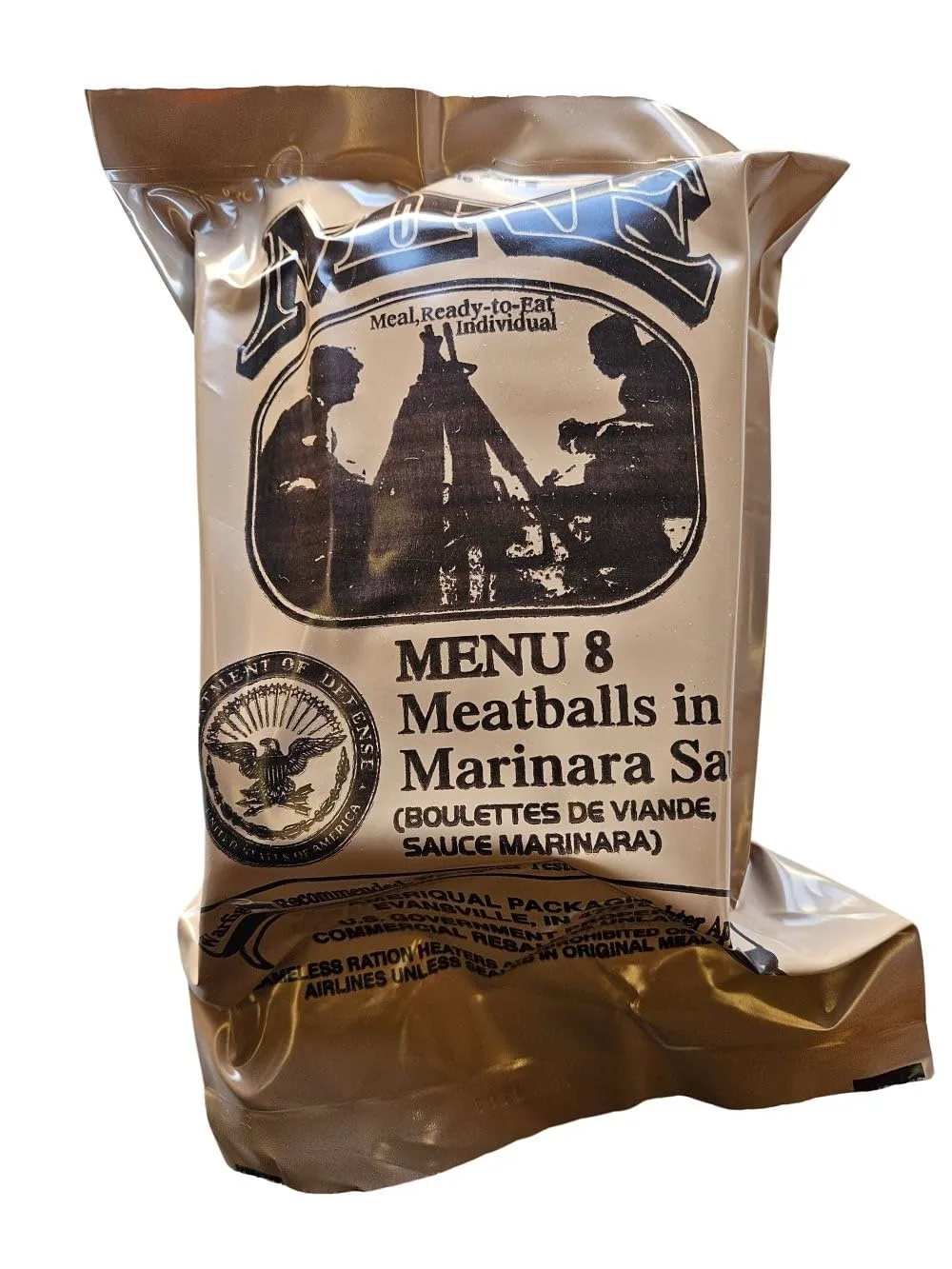Genuine USGI Individual MRE [Meal, Ready to Eat] Inspection Date 01/2024 or Newer - You Choose Menu - Complete Ration with Entree, Snacks, Dessert, Drink Mix, Utensils, Condiments and FRH. (#8 Meatballs in Marinara)