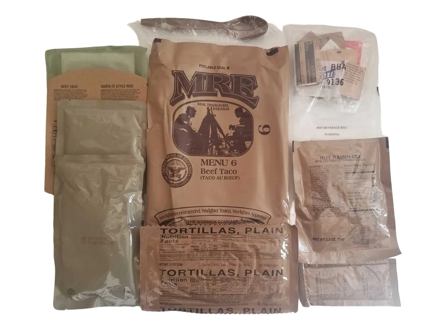 Genuine USGI Individual MRE [Meal, Ready to Eat] Inspection Date 01/2024 or Newer - You Choose Menu - Complete Ration with Entree, Snacks, Dessert, Drink Mix, Utensils, Condiments and FRH. (#6 Beef Taco)