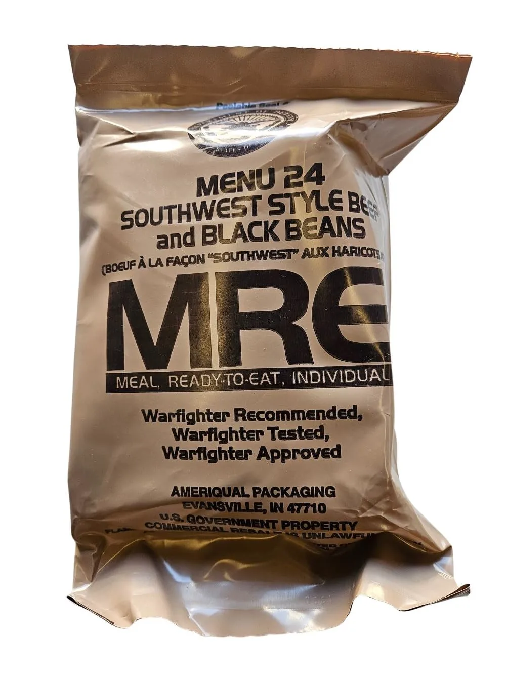 Genuine USGI Individual MRE [Meal, Ready to Eat] Inspection Date 01/2024 or Newer - You Choose Menu - Complete Ration with Entree, Snacks, Dessert, Drink Mix, Utensils, Condiments and FRH. (#24 Southwest Beef and Beans)