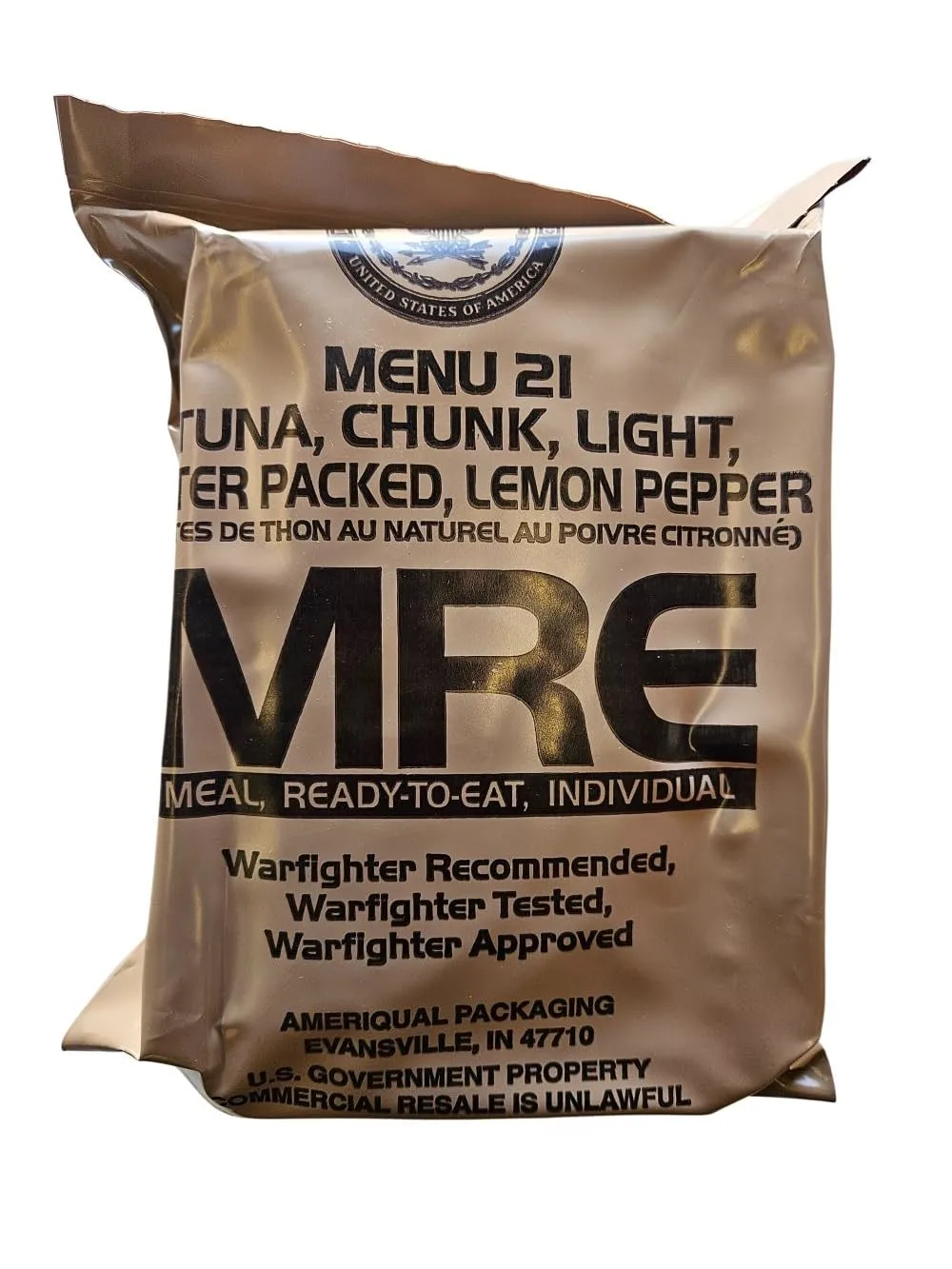 Genuine USGI Individual MRE [Meal, Ready to Eat] Inspection Date 01/2024 or Newer - You Choose Menu - Complete Ration with Entree, Snacks, Dessert, Drink Mix, Utensils, Condiments and FRH. (#21 Tuna Chunks)