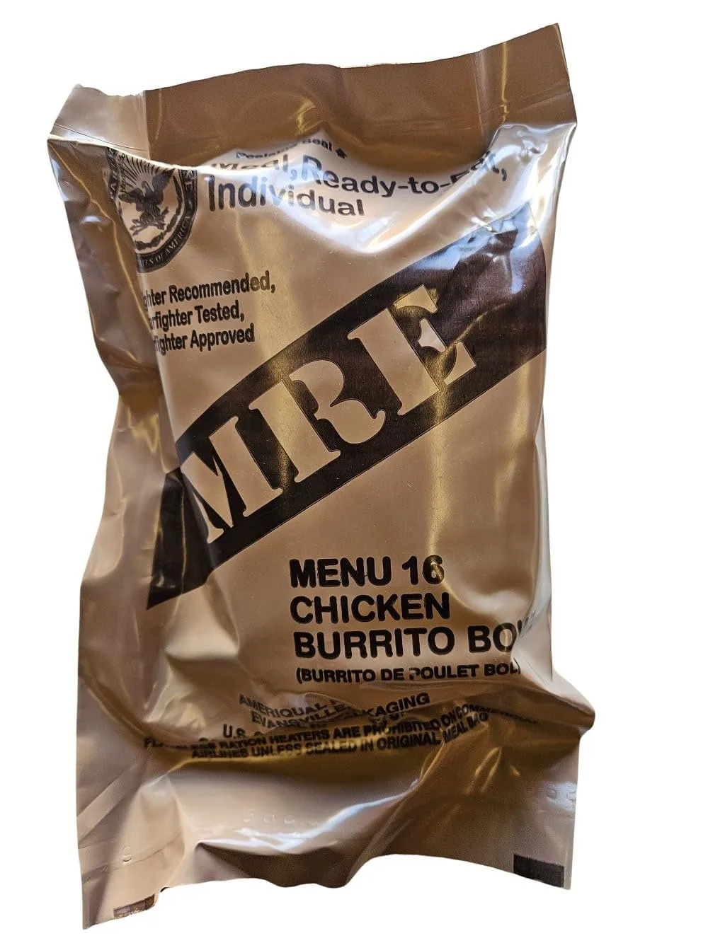 Genuine USGI Individual MRE [Meal, Ready to Eat] Inspection Date 01/2024 or Newer - You Choose Menu - Complete Ration with Entree, Snacks, Dessert, Drink Mix, Utensils, Condiments and FRH. (#16 Chicken Burrito Bowl)