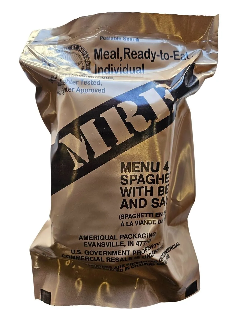 Genuine USGI Individual MRE [Meal, Ready to Eat] Inspection Date 01/2024 or Newer - You Choose Menu - Complete Ration with Entree, Snacks, Dessert, Drink Mix, Utensils, Condiments and FRH. (#4 Spaghetti)