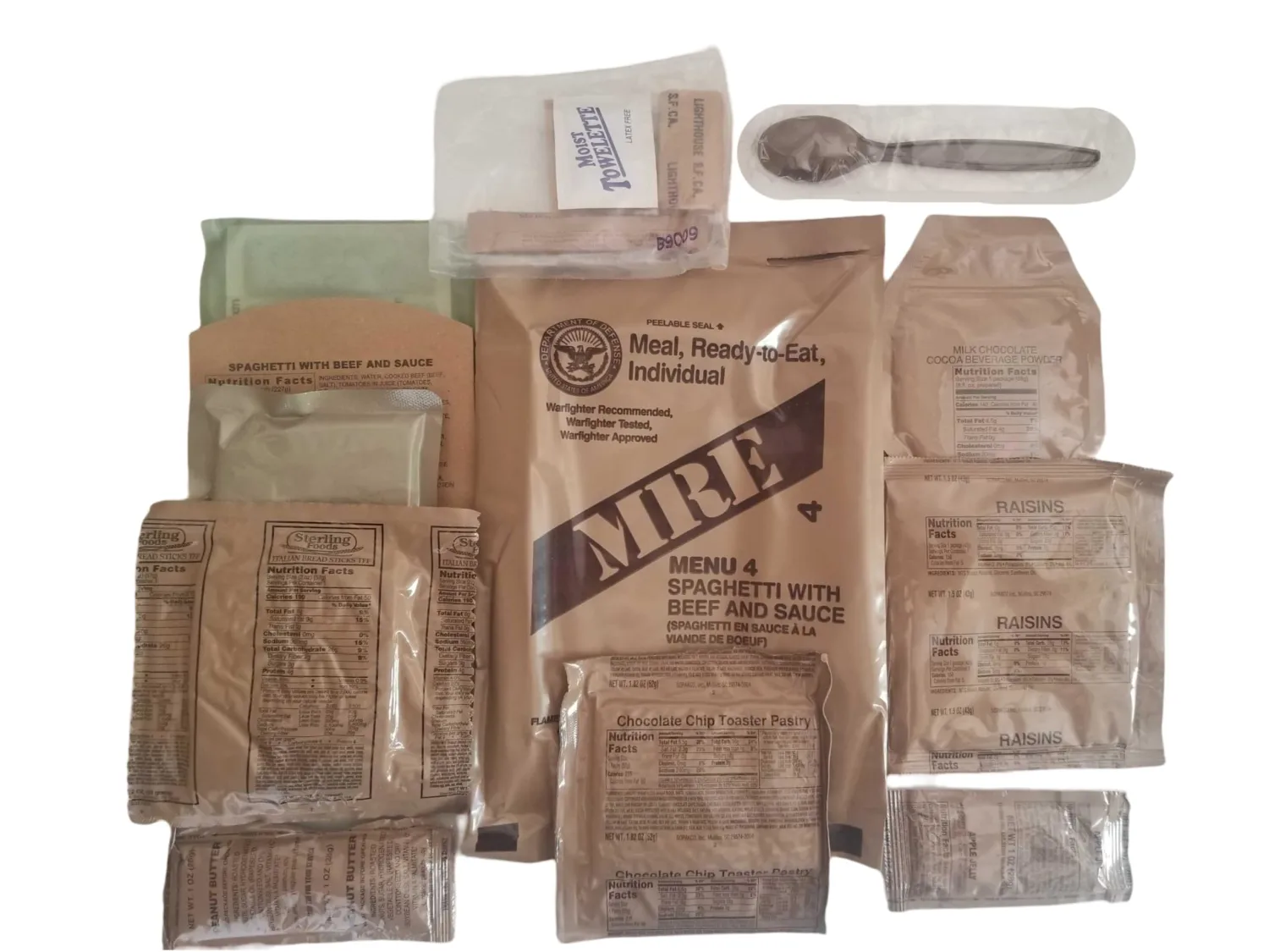 Genuine USGI Individual MRE [Meal, Ready to Eat] Inspection Date 01/2024 or Newer - You Choose Menu - Complete Ration with Entree, Snacks, Dessert, Drink Mix, Utensils, Condiments and FRH. (#4 Spaghetti)