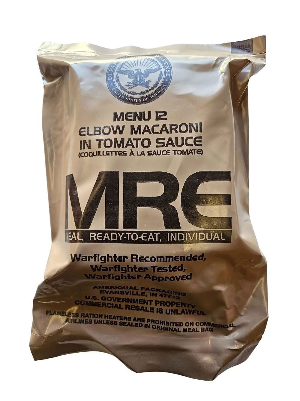 Genuine USGI Individual MRE [Meal, Ready to Eat] Inspection Date 01/2024 or Newer - You Choose Menu - Complete Ration with Entree, Snacks, Dessert, Drink Mix, Utensils, Condiments and FRH. (#12 Elbow Macaroni)