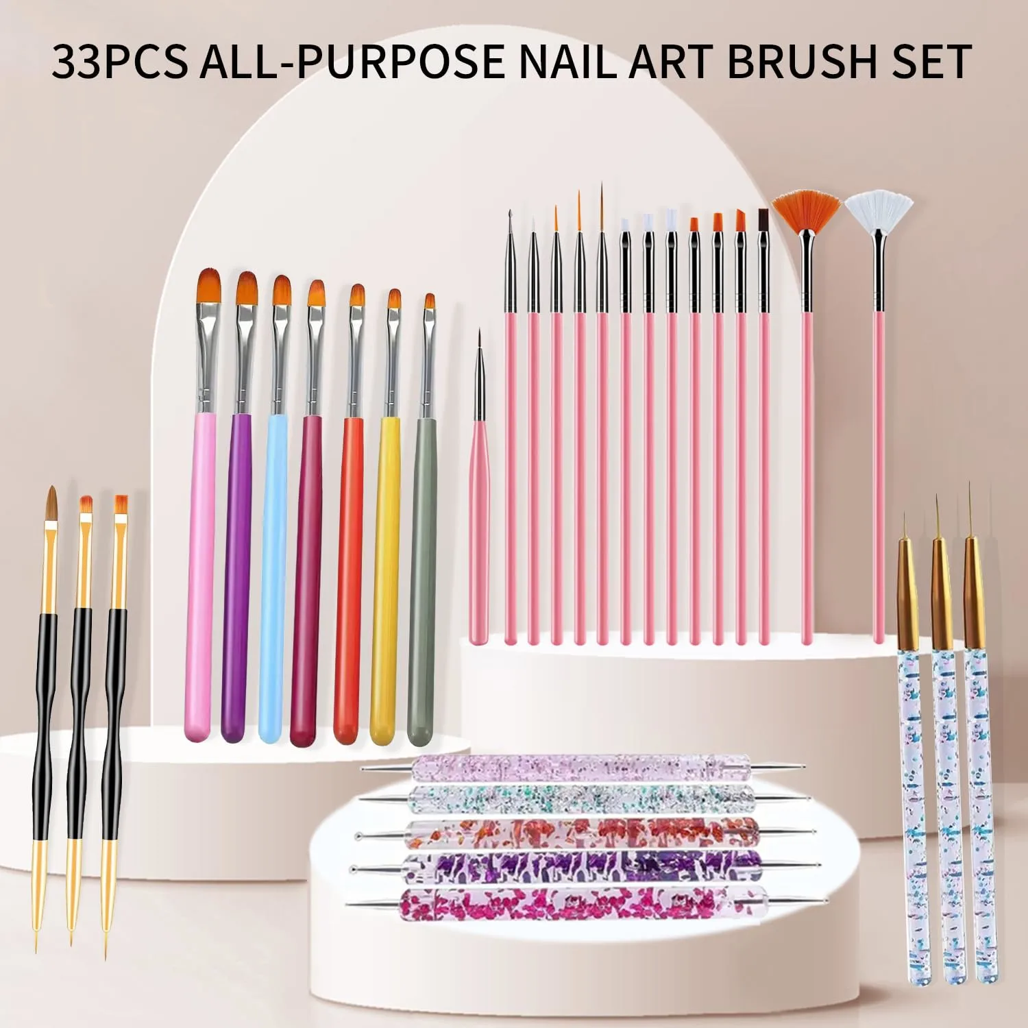 33PCS Nail Art Tools Set - Professional Gel Nail Brush, French Tip Liner Brushes, Dotting Tools, Builder Gel Brush & Detail Brushes, Nail Design for DIY Home Salon Manicure-Pink