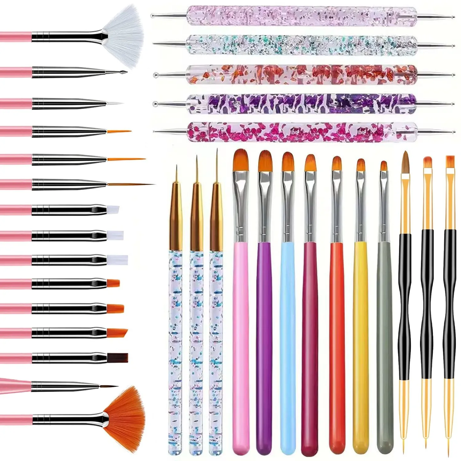 33PCS Nail Art Tools Set - Professional Gel Nail Brush, French Tip Liner Brushes, Dotting Tools, Builder Gel Brush & Detail Brushes, Nail Design for DIY Home Salon Manicure-Pink