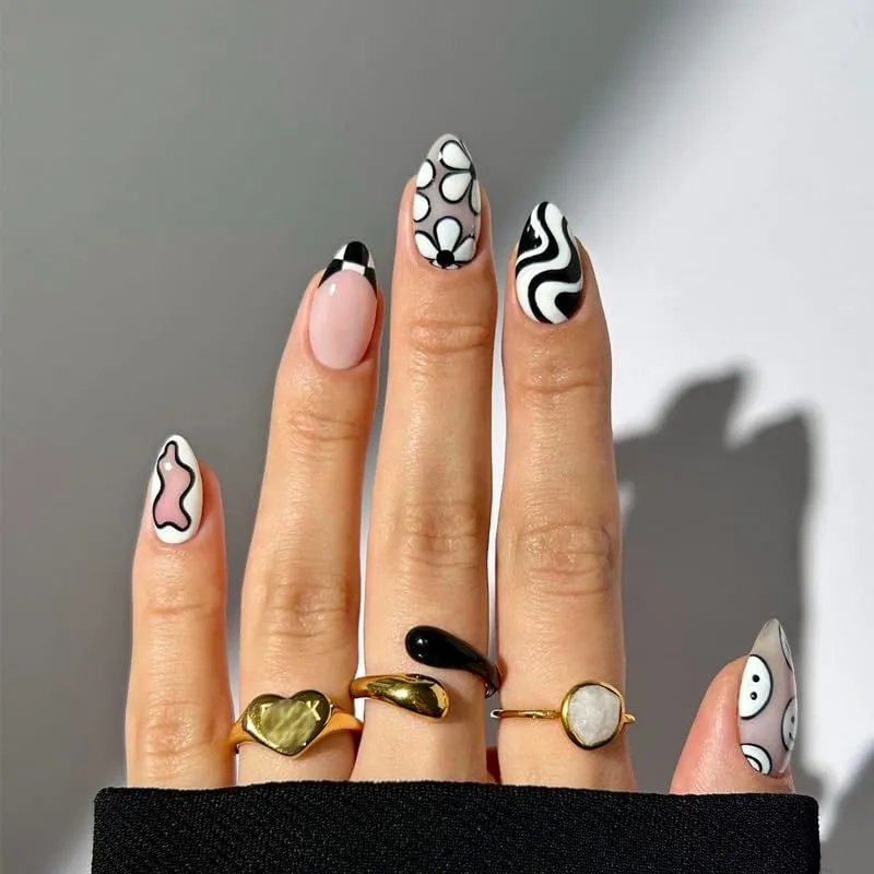MERVF Almond Press on Nails Medium Fake Nails Checkered French Tip Glue ons Black White Swirls Cute Design Flower Stiletto Acrylic Funny False Nail Glossy 24pcs