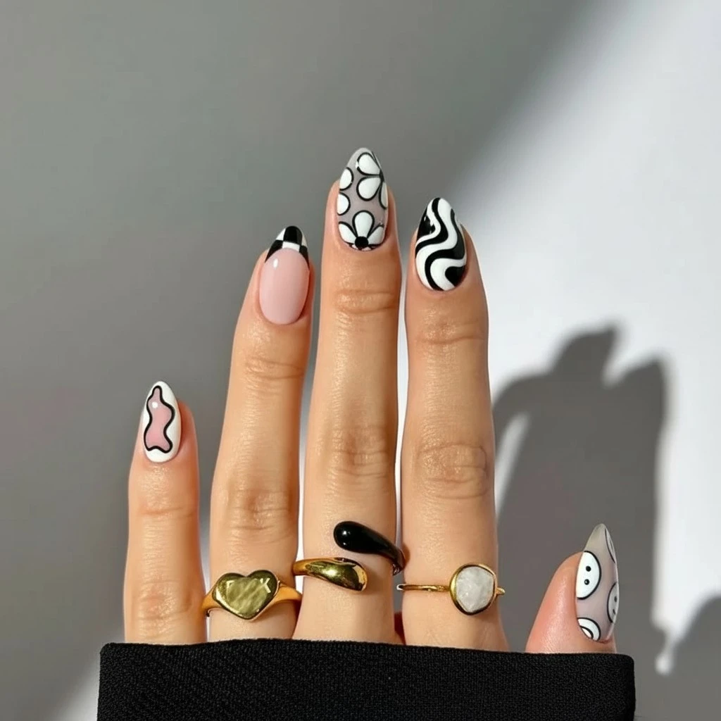 MERVF Almond Press on Nails Medium Fake Nails Checkered French Tip Glue ons Black White Swirls Cute Design Flower Stiletto Acrylic Funny False Nail Glossy 24pcs