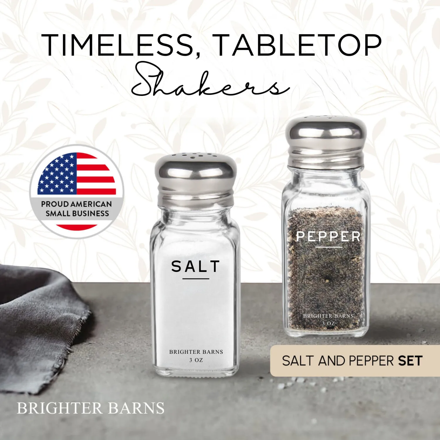 Glass Salt and Pepper Shakers Set by Brighter Barns - Modern Kitchen Decor, Dining Table Countertop Accessory - Rustic, Farmhouse, Vintage Glass Shakers with Stainless Steel Lids for Home, Restaurant