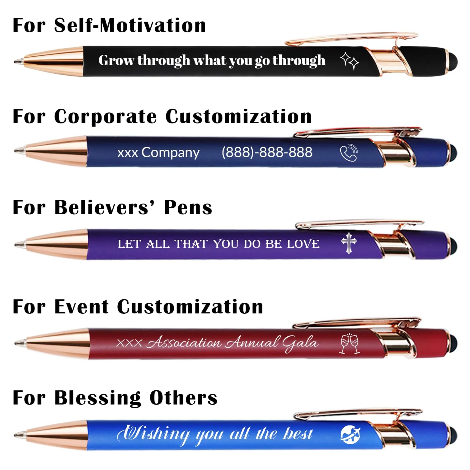 Bulk Custom Pens Personalized, Customized Pens with Name/Logo on Both Sides Gifts, Black Ink Engraved Ballpoint with Stylus, Ideal for Business, Birthday, Party, Wedding, School, Metal Material