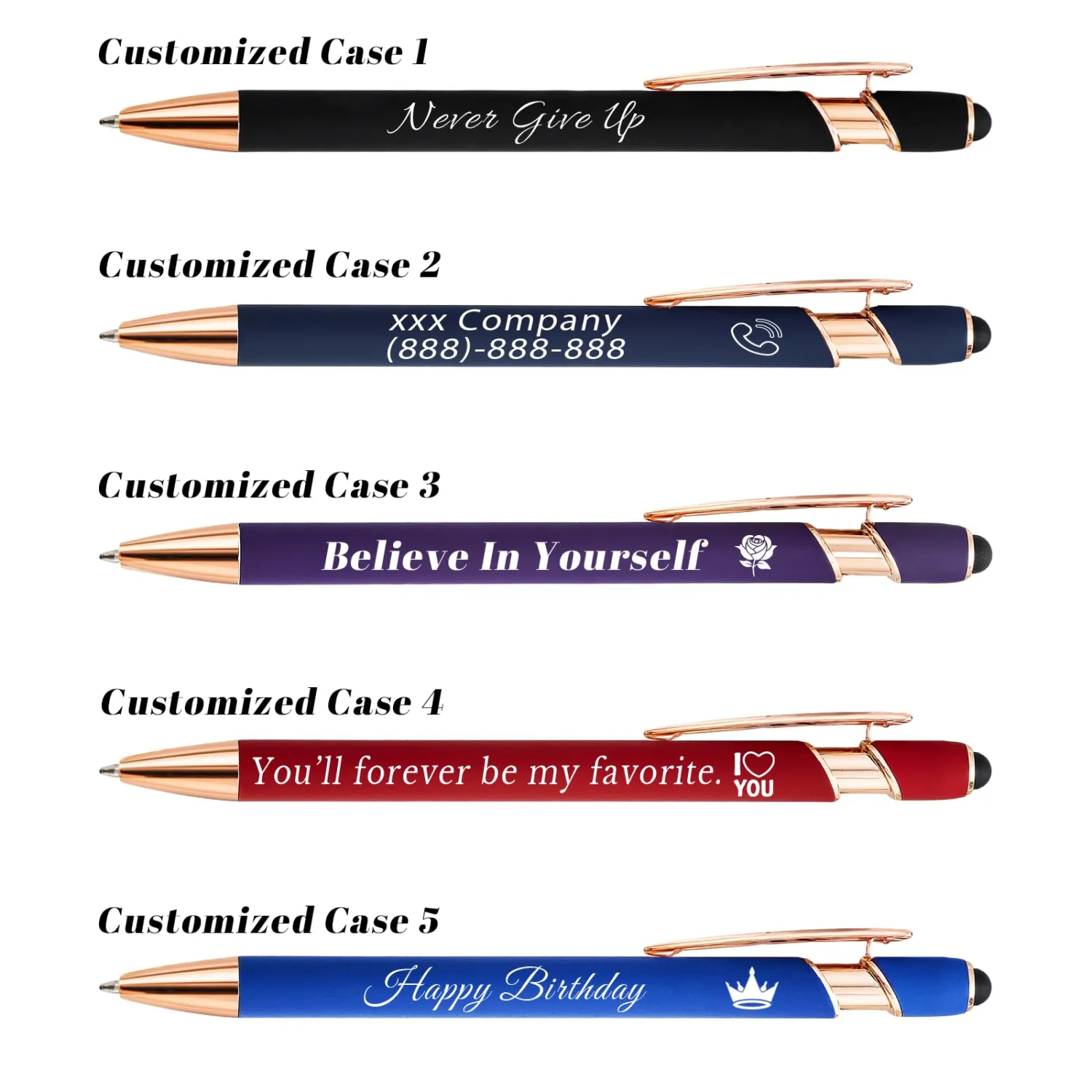 Bulk Custom Pens Personalized, Customized Pens with Name/Logo on Both Sides Gifts, Black Ink Engraved Ballpoint with Stylus, Ideal for Business, Birthday, Party, Wedding, School, Metal Material
