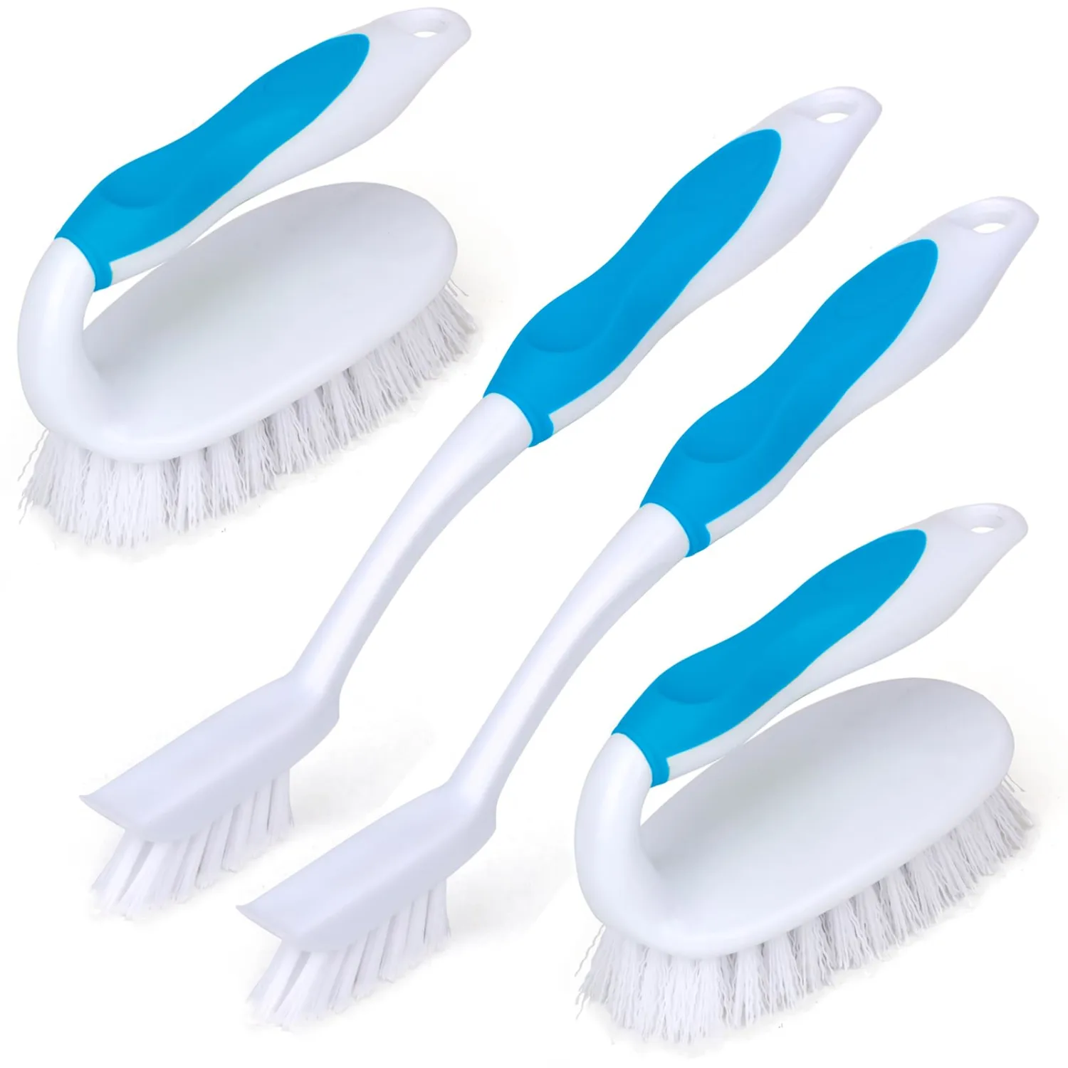 Scrub Brush Set, 4 Pack Deep Cleaning Brush Kit - 2 Scrub Brush, 2 Tile & Grout Brush with Built-in Scraper, Household Commercial Scrubber for Floor, Shower, Pool Wall, Tub (Blue)