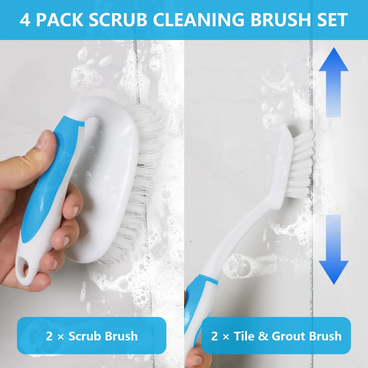 Scrub Brush Set, 4 Pack Deep Cleaning Brush Kit - 2 Scrub Brush, 2 Tile & Grout Brush with Built-in Scraper, Household Commercial Scrubber for Floor, Shower, Pool Wall, Tub (Blue)