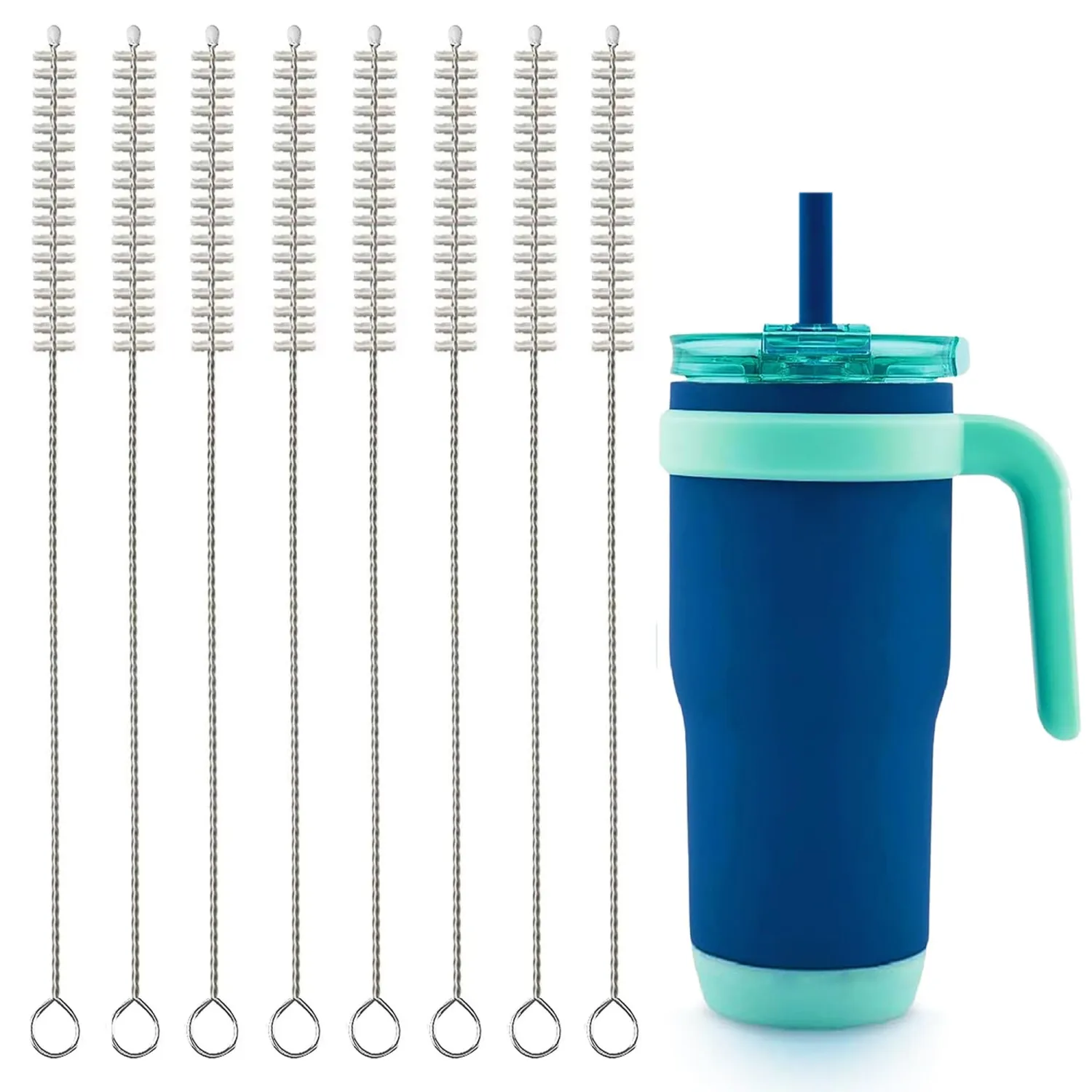 Straw Cleaner Brush Set 8-Pieces of Stainless Steel Nylon Bristles Cleaner Brush for Cleaning Stanley(16OZ- 30OZ),Reusable Straws, Water Bottles, Coffee Makers,Pet Water Fountain, Trachea Tube