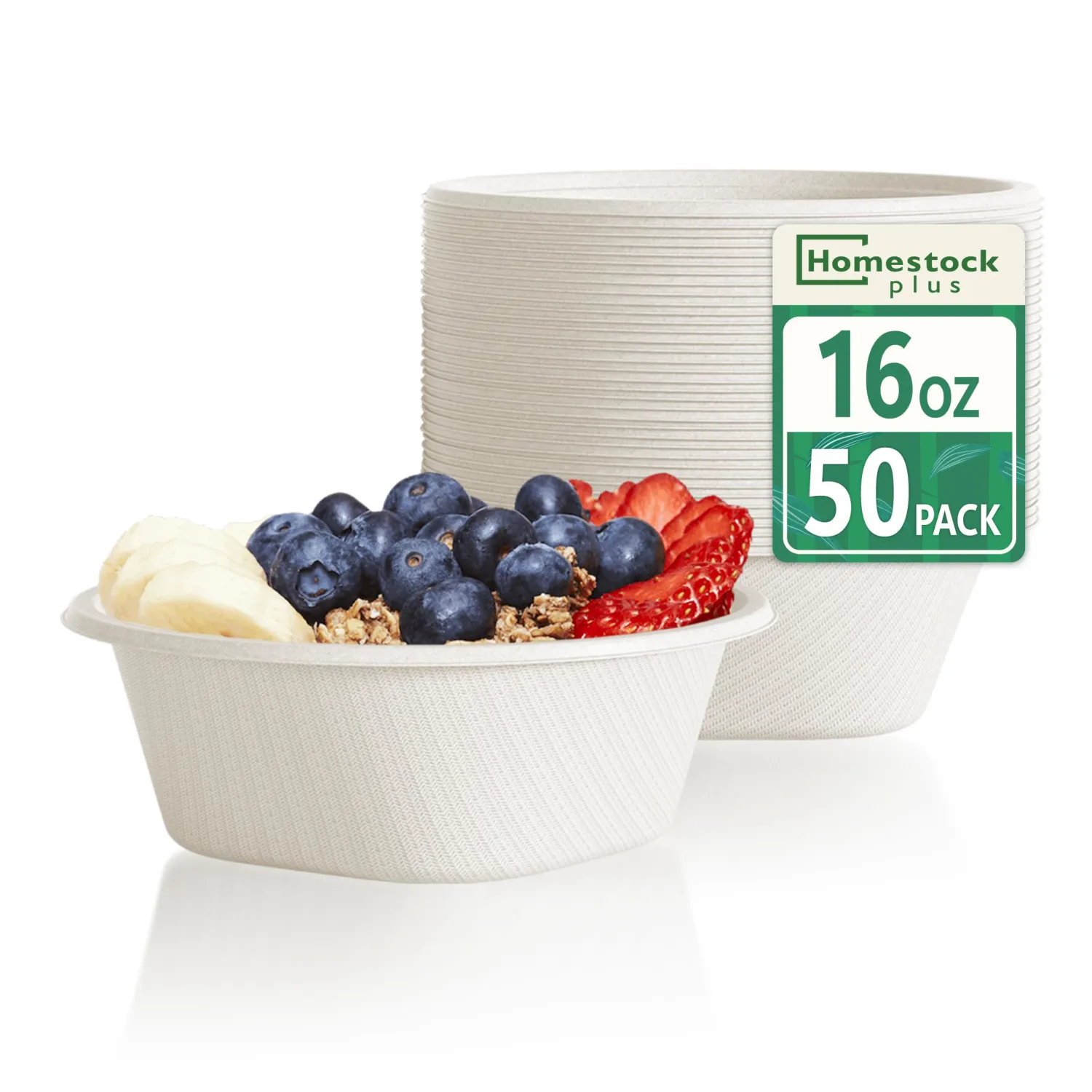 Homestockplus Disposable Bowls 16 Oz [50 Pack] - Heavy Duty Paper Bowls, Sugarcane Fiber Compostable Bowls for Ice Cream, Snacks, Desserts, Microwave Safe BPA-Free Eco Dinnerware (White)