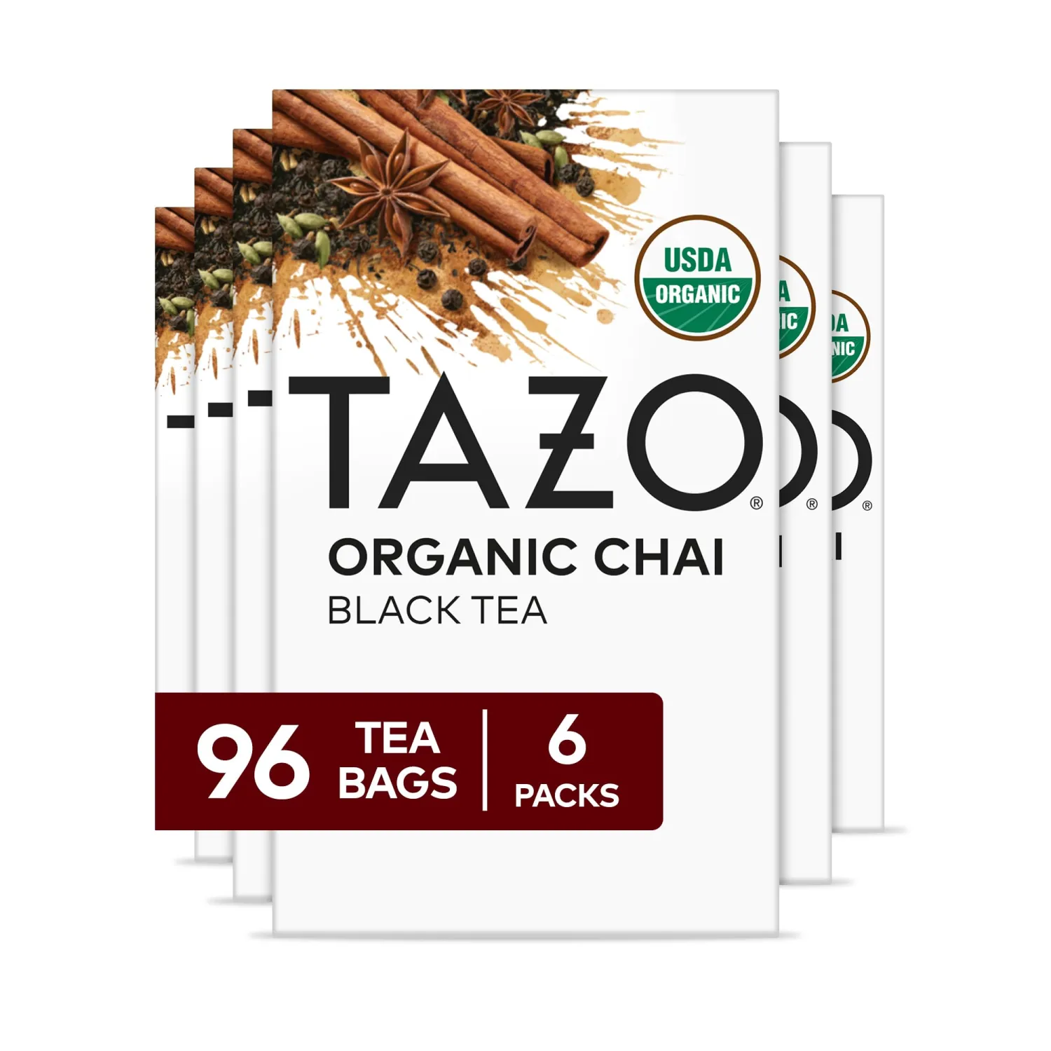 TAZO Organic Chai Black Tea Bags, Blend of Black Teas, Ginger, Cinnamon, Black Pepper & Cardamom, 96 Total Tea Bags (16ct - Pack of 6)