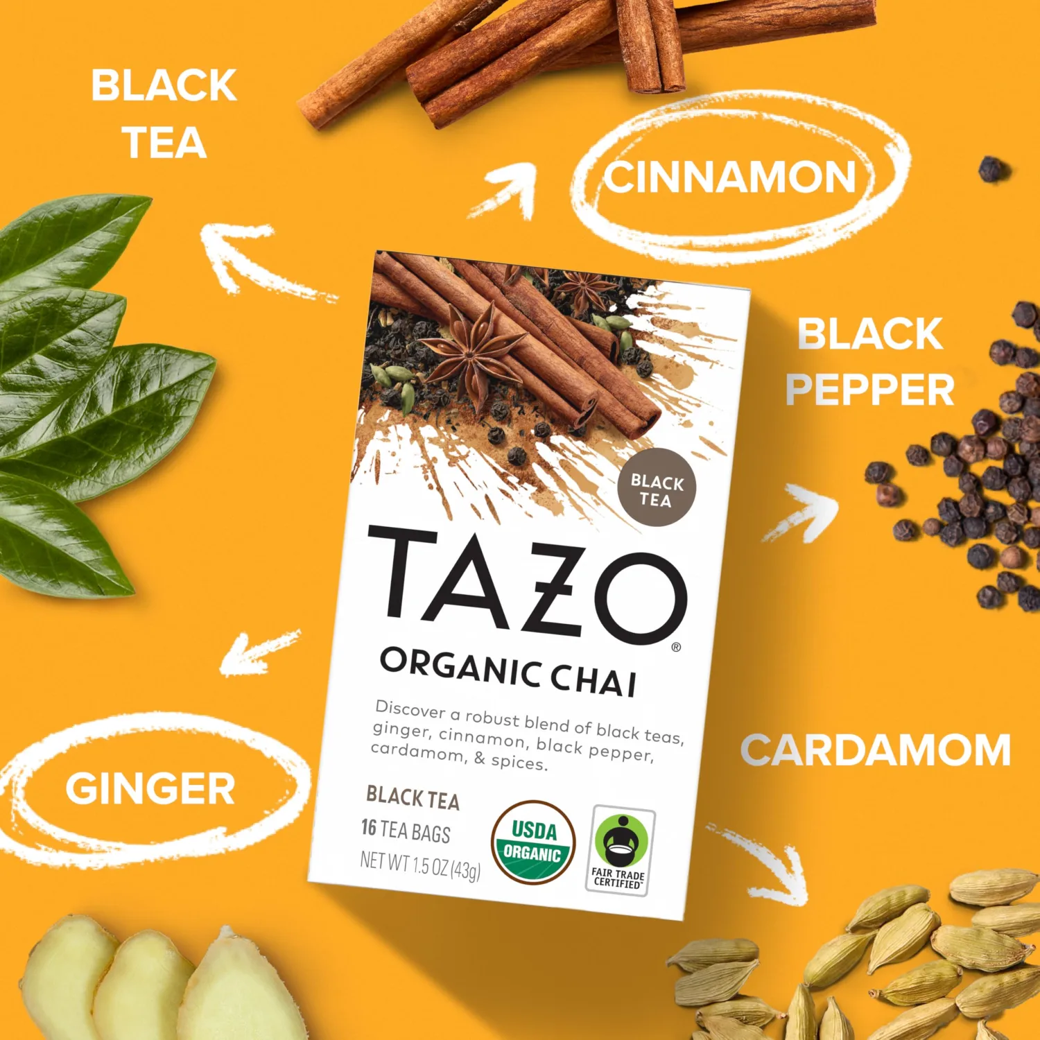 TAZO Organic Chai Black Tea Bags, Blend of Black Teas, Ginger, Cinnamon, Black Pepper & Cardamom, 96 Total Tea Bags (16ct - Pack of 6)