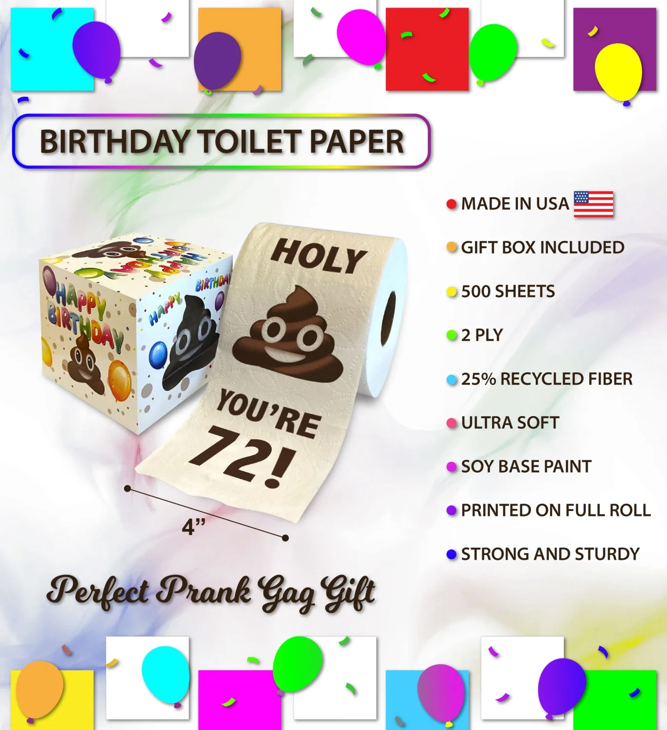Printed TP Holy You're 72 Birthday Toilet Paper Gift - 72nd Bday Party Funny Birthday Gift Joke Toilet Paper Prank, Novelty Unique Birthday Presents for Men, Women, Family, Friends - 500 Sheets