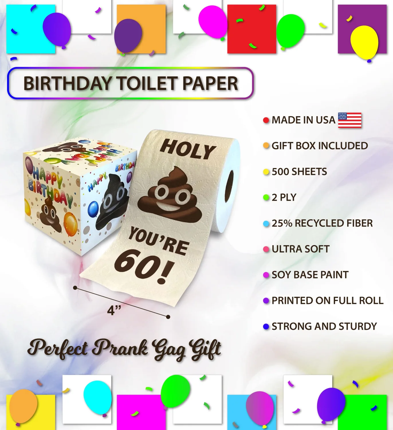 Printed TP You're 60 Printed Birthday Toilet Paper Gift - 60th Bday Party Funny Birthday Gift Joke Toilet Paper Prank, Novelty Unique Birthday Presents for Men, Women, Family, Friends - 500 Sheets