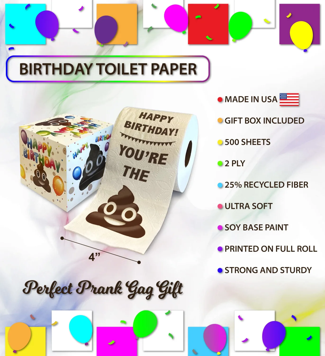 Happy Birthday Toilet Paper Gift - Happy Bday Party Funny Birthday Gift Joke Toilet Paper Prank, Novelty Unique Birthday Presents for Men, Women, Family, Friends - 500 Sheets