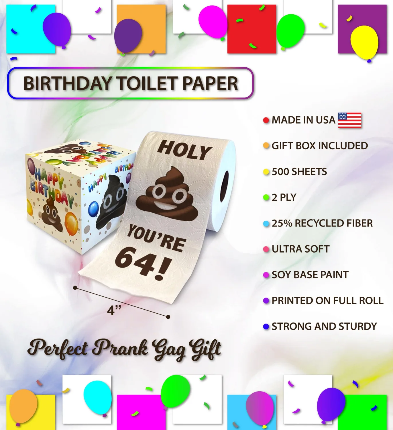 Printed TP Holy You're 64 Birthday Toilet Paper Gift - 64th Bday Party Funny Birthday Gift Joke Toilet Paper Prank, Novelty Unique Birthday Presents for Men, Women, Family, Friends - 500 Sheets
