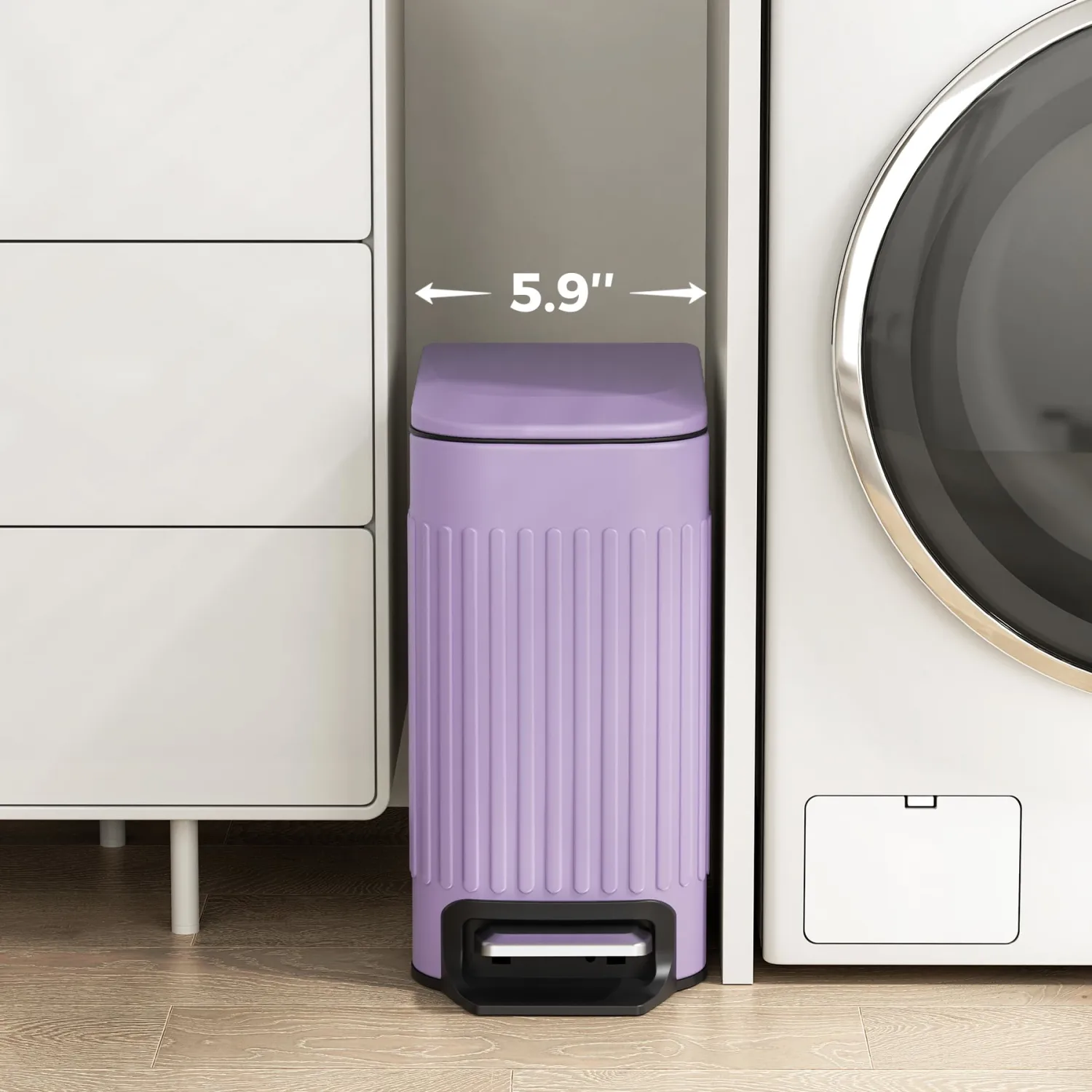 TrashAid Slim Bathroom Trash Can with Lid Soft Close, 6 Liter/1.6 Gallon Stainless Steel Small Garbage Can with Removable Inner Bucket, Step Pedal, Slim Wastebasket for Toilet, Office, Bedroom, Purple