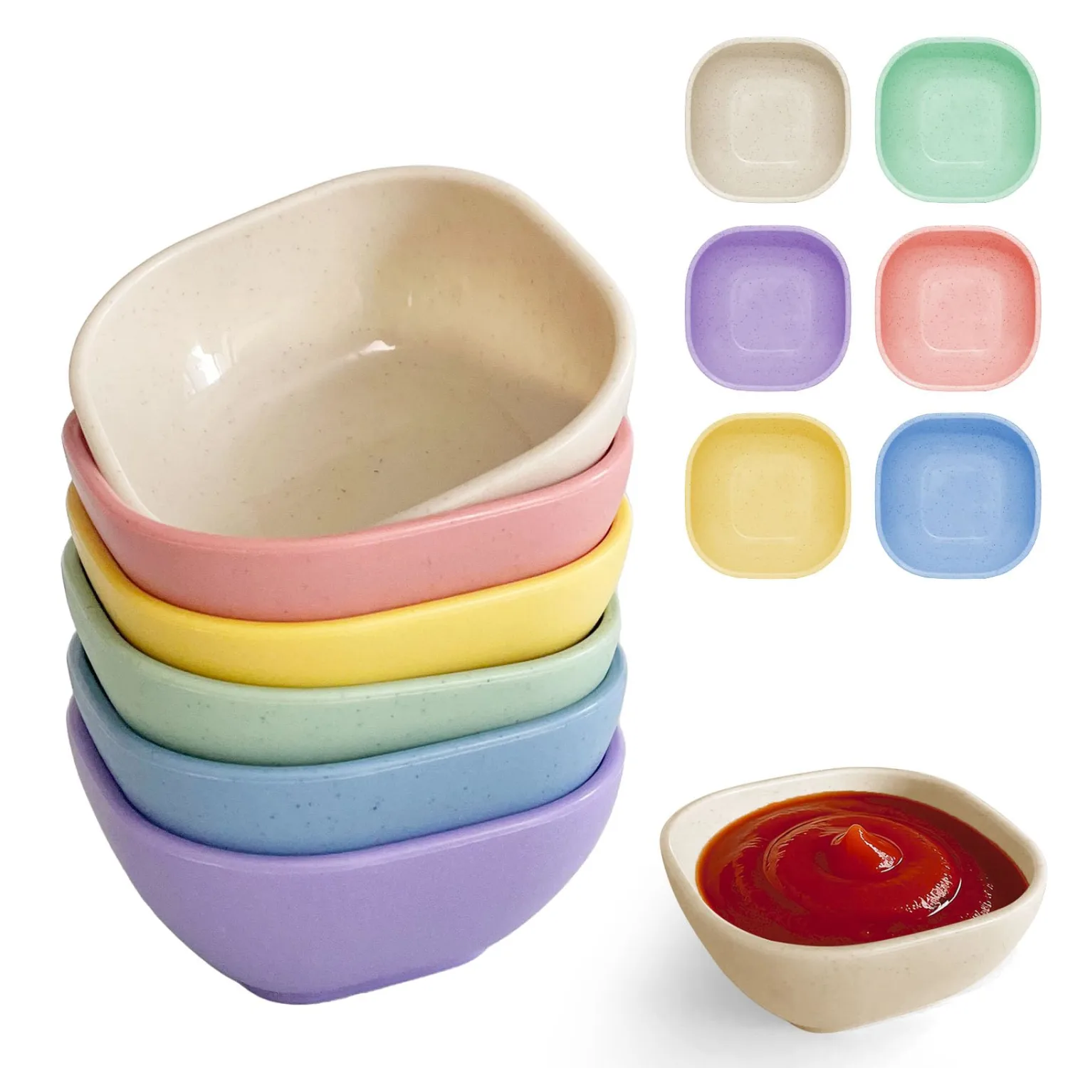 6 Pack Small Plastic Bowls 4.5 OZ Unbreakable Wheat Straw Dipping Bowls，plastic ramekins, Assorted Colors Dipping Sauce Cups, dip cups， Dessert, Ketchup