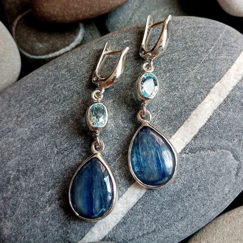 Drop Shaped Blue Gem Earrings