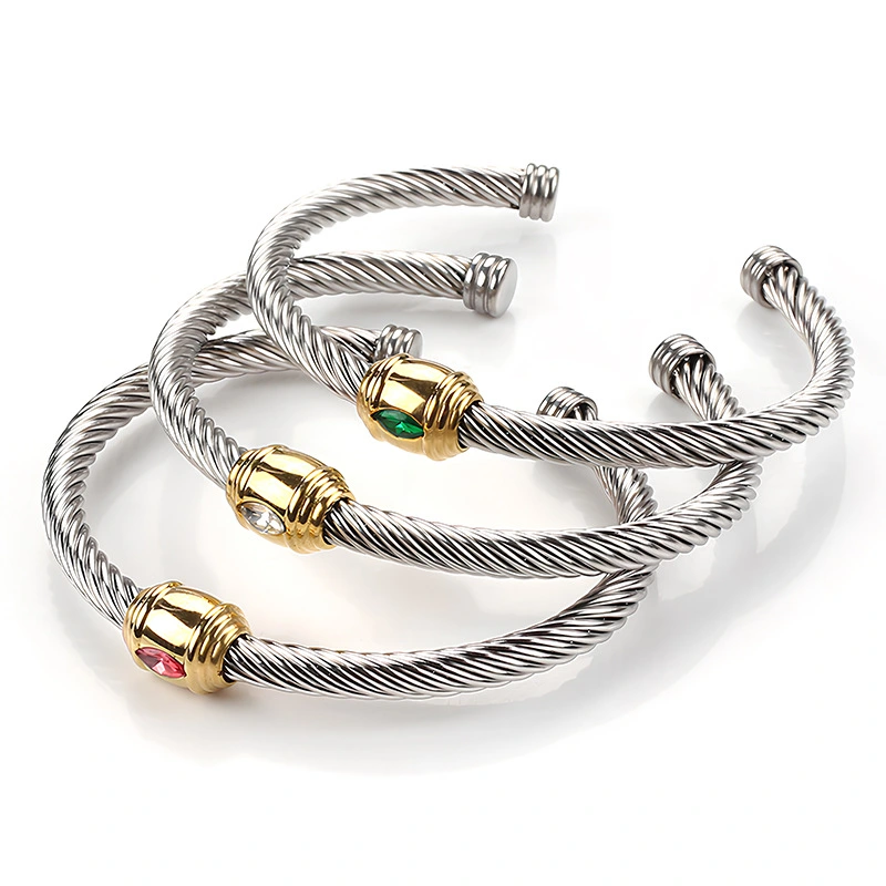 Personalized Inlaid Zircon Titanium Steel Fried Dough Twists Open Bracelet