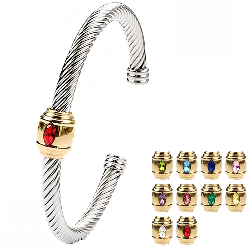 Personalized Inlaid Zircon Titanium Steel Fried Dough Twists Open Bracelet