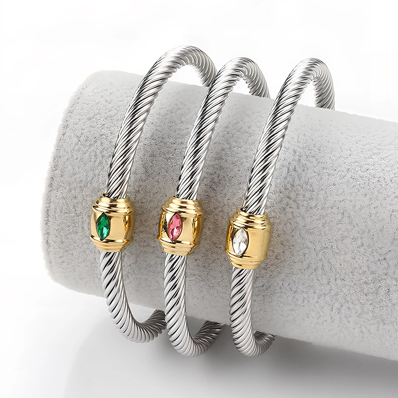 Personalized Inlaid Zircon Titanium Steel Fried Dough Twists Open Bracelet