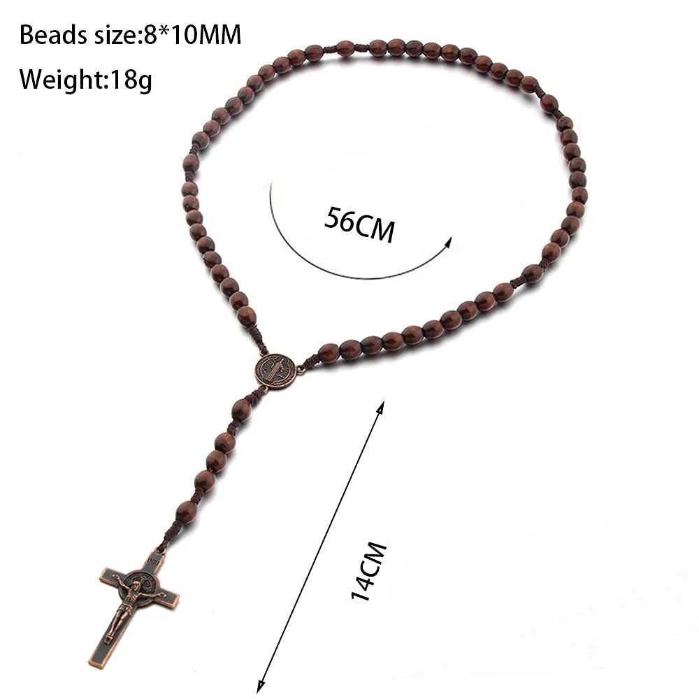 Rosary Necklace With Cross Wooden Beads Braided Cord Jewelry