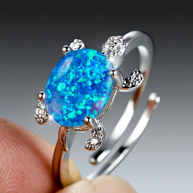 Personalized Platinum Oval Blue-Green-White Australian Opal Turtle Open Ring