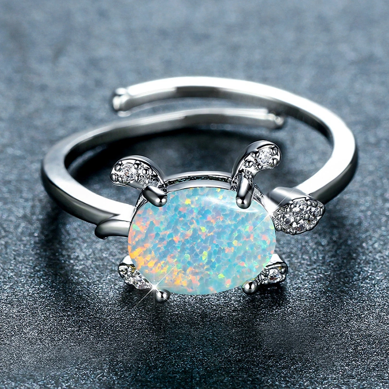 Personalized Platinum Oval Blue-Green-White Australian Opal Turtle Open Ring