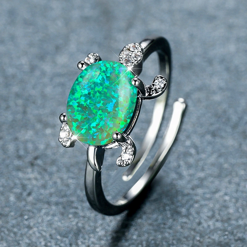 Personalized Platinum Oval Blue-Green-White Australian Opal Turtle Open Ring